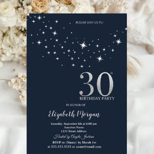 Simple White Stars Blue 30th Birthday Party Invitation
