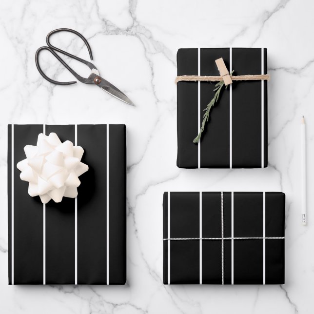 Simple White Stripes on Black Background Wrapping Paper Sheet (Front)