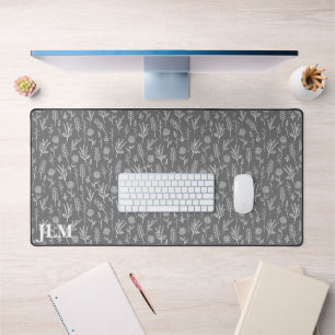 Simple White Twigs on Grey Monogram Desk Mat