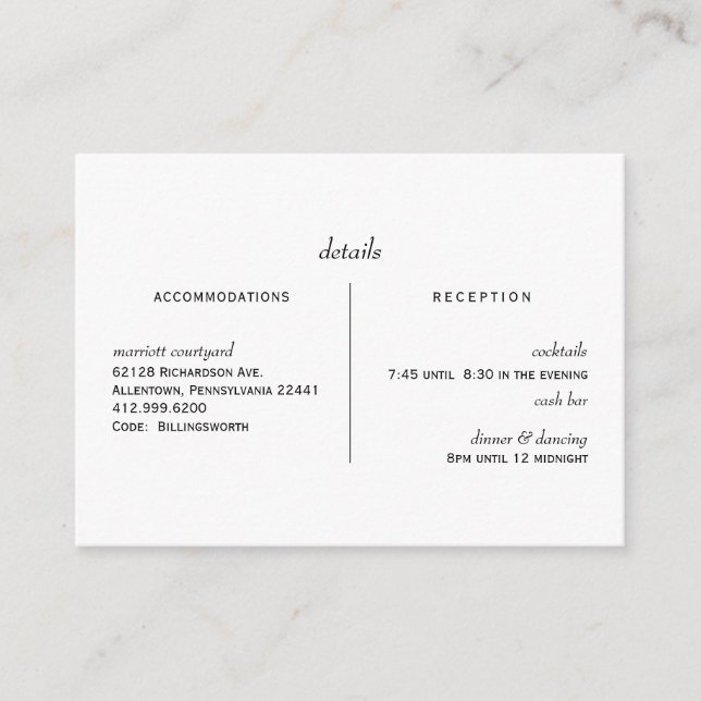 Simple White Wedding Invitation Cash Bar Detail (Front)