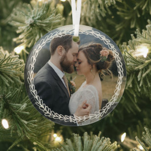 Simple White Wheat Wreath Add Wedding Photo Glass Tree Decoration