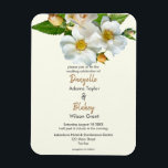 Simple White Wild Roses On Ivory Modern Wedding Magnet<br><div class="desc">A great photo of white wild roses with their yellow centres, green leaves and baby buds is placed against a pale ivory background for a stunning wedding invitation with a slight nostalgic feel. The somewhat vintage country suggestion inspired by the roses photograph is updated with current popular fonts for the...</div>