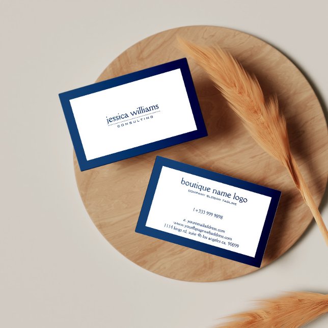 Simple White With Navy Blue Border Business Card (Creator Uploaded)