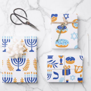 Simple White Yellow and Blue Pattern Hanukkah Wrapping Paper Sheet
