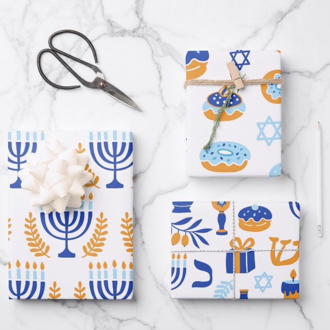 Simple White Yellow and Blue Pattern Hanukkah Wrapping Paper Sheet (Front)
