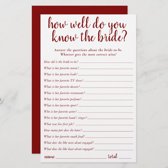 Simple Who Knows the Bride Best | Cherry Red Card (Front/Back)