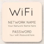 Simple WiFi Information black typographical Cream Coaster<br><div class="desc">Keep your WiFi details always readily available on your coffee table for visitors to access, with simply the relevant information in minimal stylish typography which you can easily personalise with your own network information and password. You can also change the cream background to another color if you wish via the...</div>