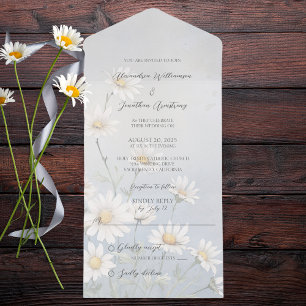 Simple Wild Daisies on Pale Grey Blue All In One Invitation