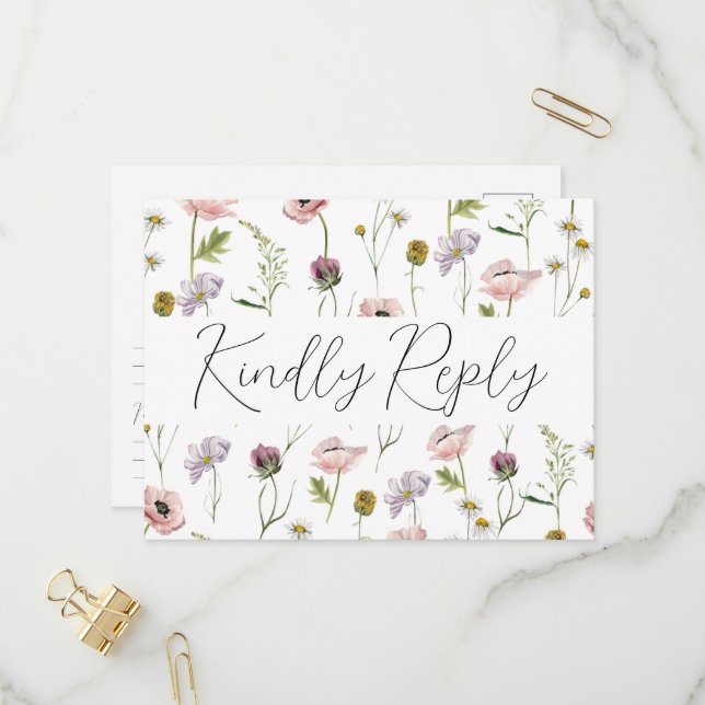 Simple Wild Flower Boho Garden Wedding RSVP Invitation Postcard (Front/Back In Situ)