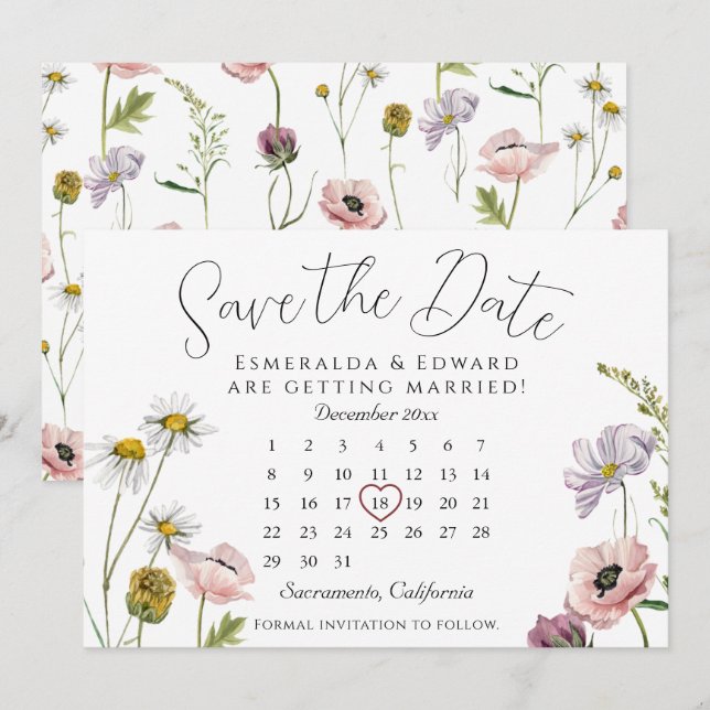 Simple Wild Flower Wedding Calendar Save The Date  (Front/Back)