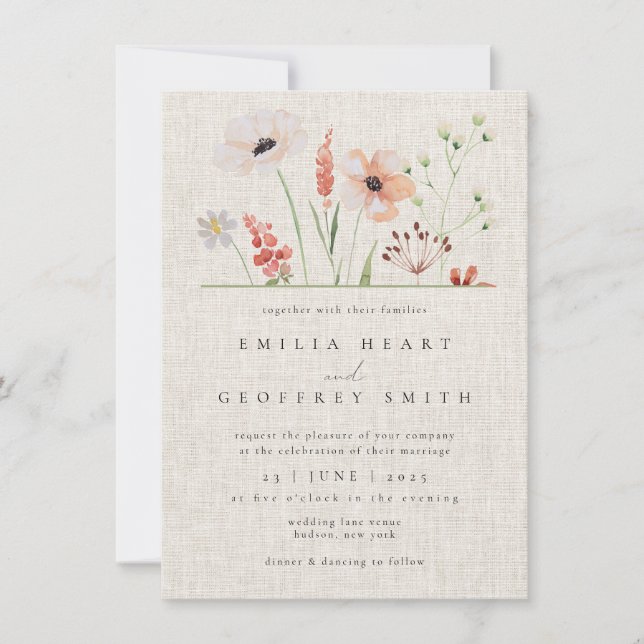 Simple Wild Flowers Botanical Garden Boho Wedding Invitation (Front)