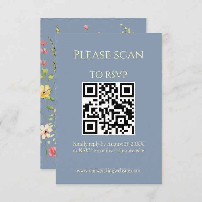 Simple Wildflower Blue QR Code & RSVP Wedding Enclosure Card (Front/Back)