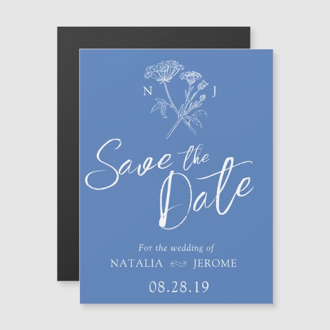 Simple wildflower blue white save the date magnetic invitation (Front/Back)