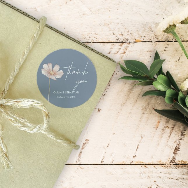 Simple Wildflower Boho | Dusty Blue Thank you Classic Round Sticker (Creator Uploaded)