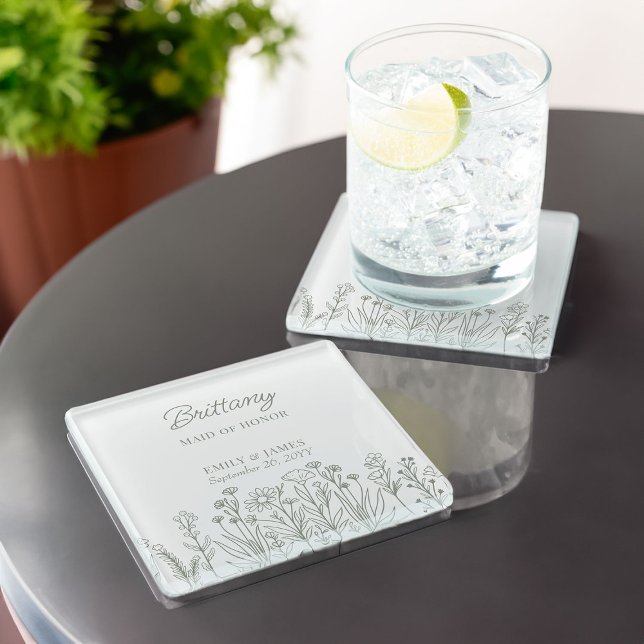 Simple Wildflower Border Any Colour Wedding Party Glass Coaster (Wildflower Wedding Party Gift Coasters to personalize for your bridesmaids, groomsmen etc)