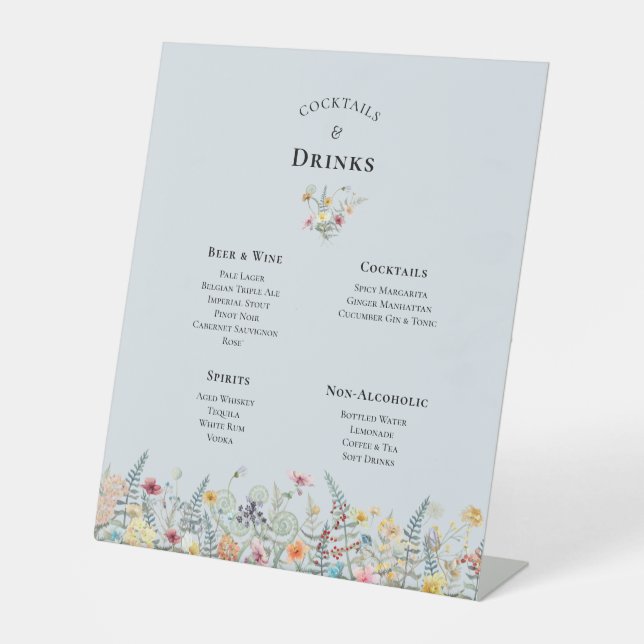 Simple Wildflower Dusty Blue Wedding Drinks Menu Pedestal Sign (Front)
