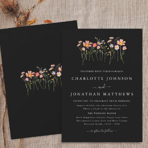 Simple Wildflower Fall Black & White Wedding Invitation