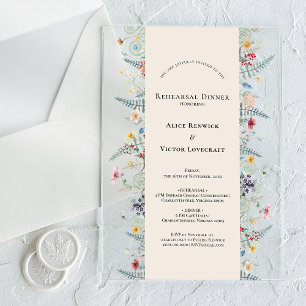 Simple Wildflower Fern Beige Rehearsal Dinner Acrylic Invitations