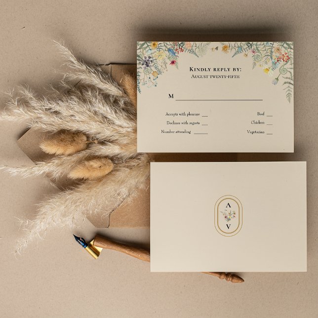 Simple Wildflower Fern Beige Wedding Monogram RSVP Card (Creator Uploaded)