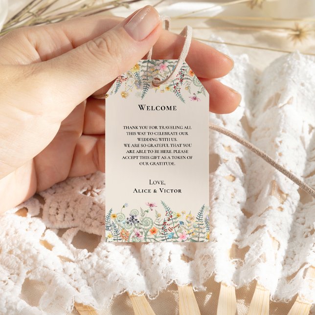Simple Wildflower Fern Beige Wedding Welcome Gift Tags (Creator Uploaded)
