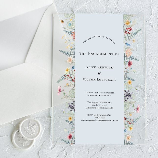 Simple Wildflower Fern Dusty Blue Engagement Party Acrylic Invitations (Creator Uploaded)