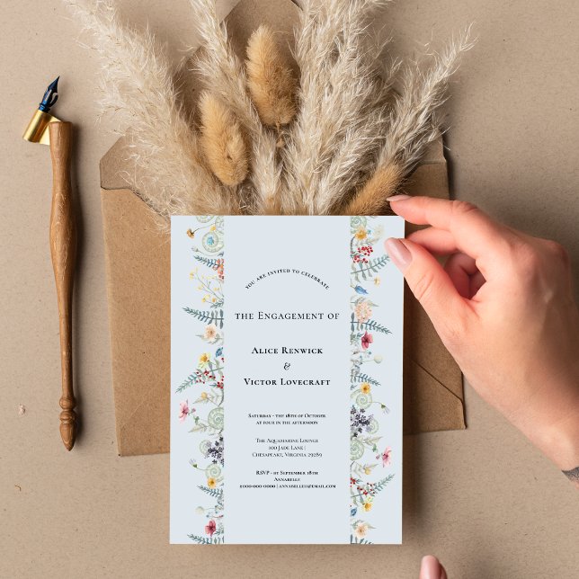 Simple Wildflower Fern Dusty Blue Engagement Party Invitation (Creator Uploaded)