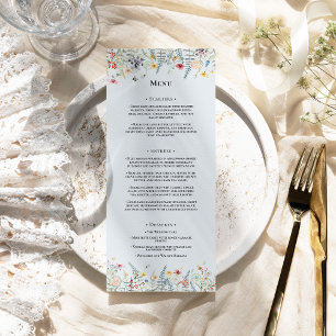 Simple Wildflower Fern Dusty Blue Wedding Flat Menu