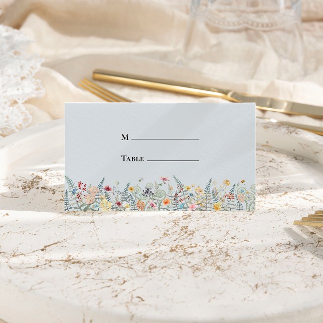 Simple Wildflower Fern Dusty Blue Wedding Folded Place Card (Creator Uploaded)