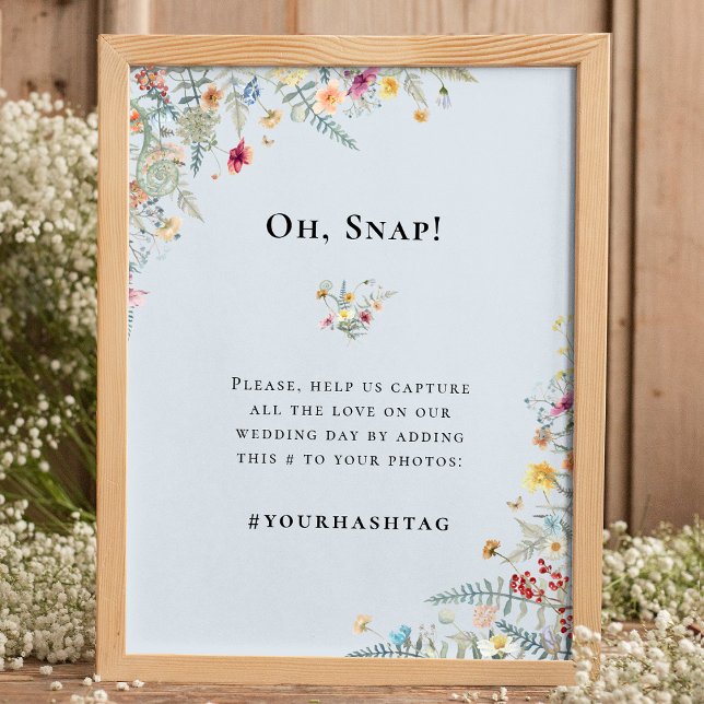 Simple Wildflower Fern Dusty Blue Wedding Hashtag Poster (Creator Uploaded)