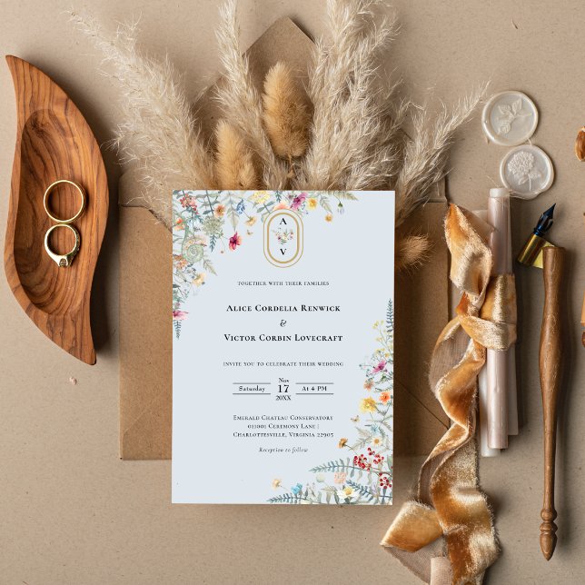 Simple Wildflower Fern Dusty Blue Wedding Monogram Invitation (Creator Uploaded)