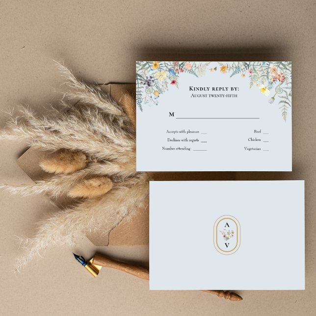 Simple Wildflower Fern Dusty Blue Wedding Monogram RSVP Card (Creator Uploaded)