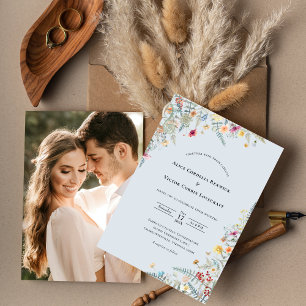 Simple Wildflower Fern Dusty Blue Wedding Photo Invitation