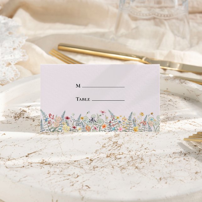 Simple Wildflower Fern Lavender Wedding Folded Place Card (Creator Uploaded)