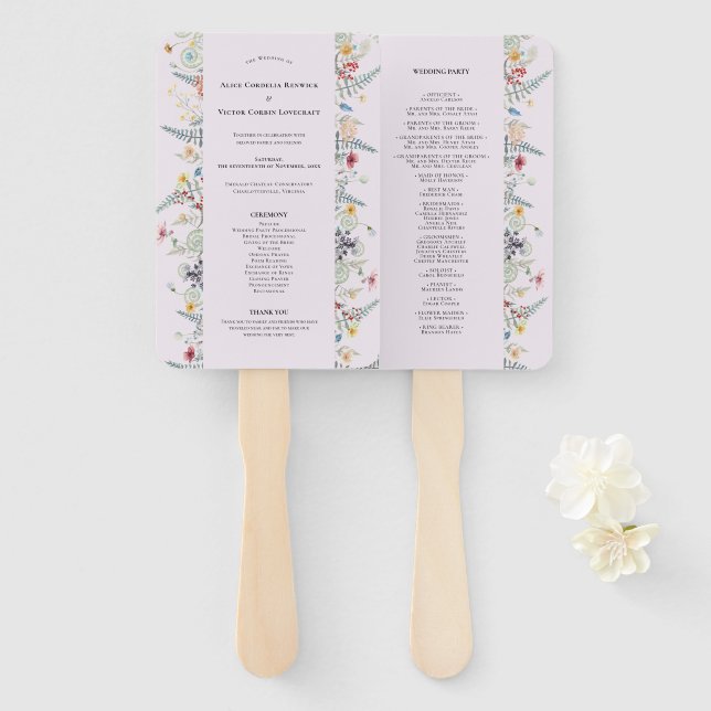 Simple Wildflower Fern Lavender Wedding Program Hand Fan (Front and Back)