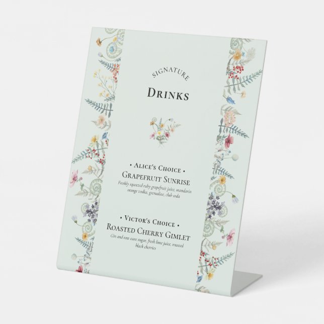 Simple Wildflower Fern Mint Green Signature Drinks Pedestal Sign (Front)