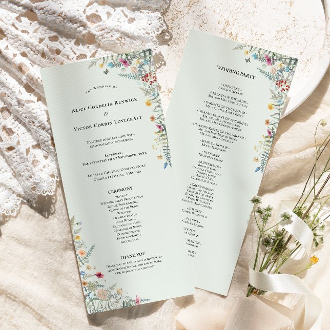 Simple Wildflower Fern Mint Green Wedding Flat Programme (Creator Uploaded)