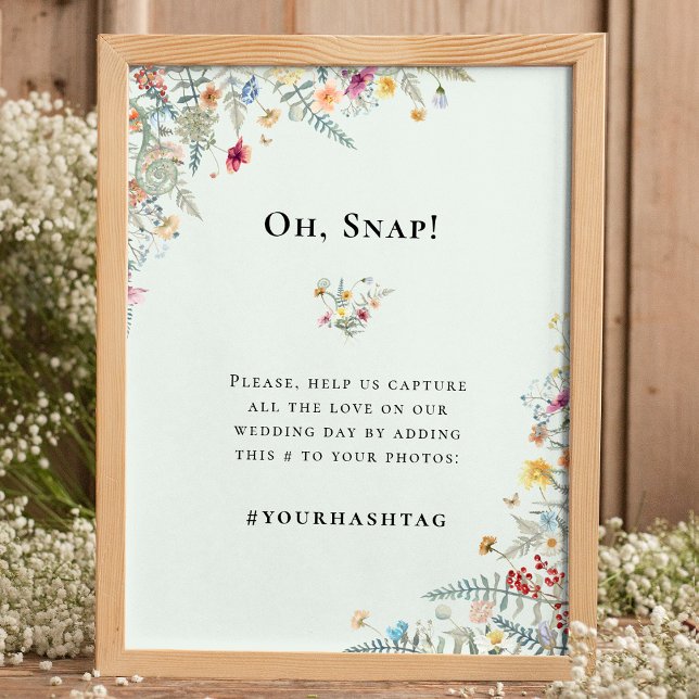 Simple Wildflower Fern Mint Green Wedding Hashtag Poster (Creator Uploaded)