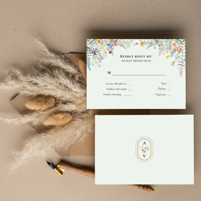 Simple Wildflower Fern Mint Green Wedding Monogram RSVP Card (Creator Uploaded)