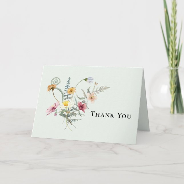 Simple Wildflower Fern Mint Wedding Thank You Card (Front)