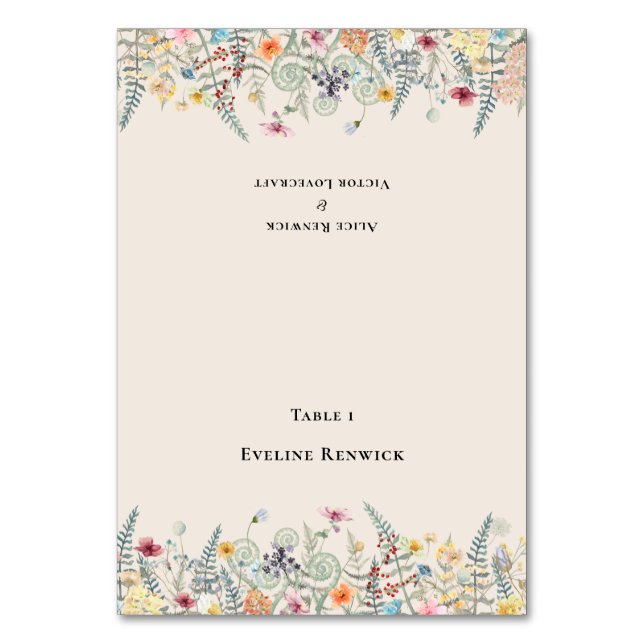 Simple Wildflower Fern Wedding Foldable Place Card (Front)