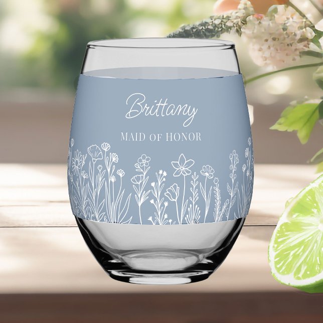 Simple Wildflower Floral Any Colour Wedding Party Stemless Wine Glass (Wine glass gifts .. personalize for everyone in the wedding party and change to any color)