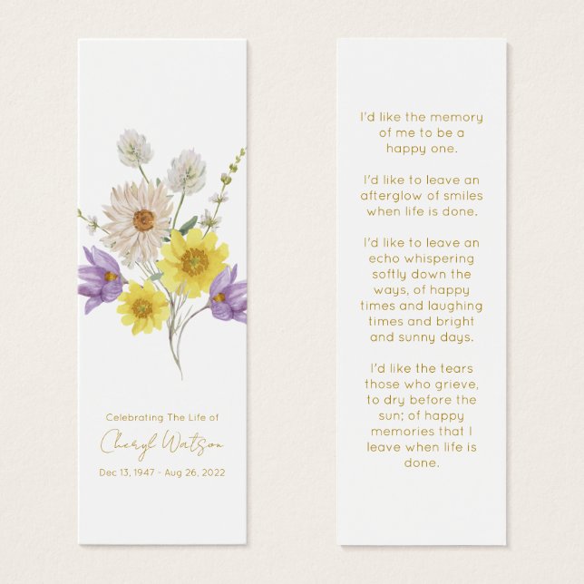 Simple Wildflower Funeral Memorial Bookmark (Front & Back)