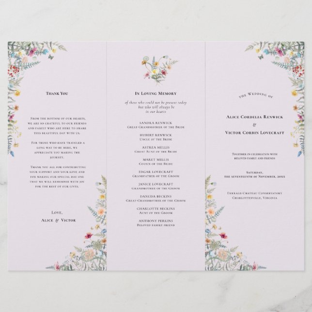 Simple Wildflower Lavender Wedding Program Flyer (Front)