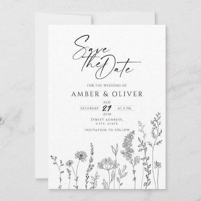 Simple Wildflower Line Art Save The Date Invitation (Front)