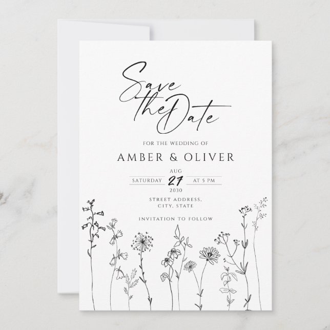 Simple Wildflower Lineart Save The Date Invitation (Front)