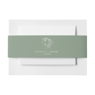 Simple wildflower meadow green white wedding invitation belly band