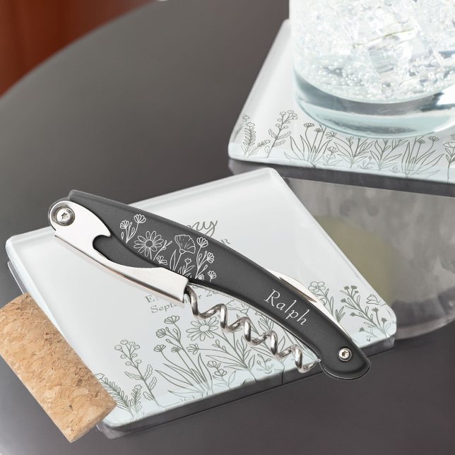 Simple Wildflower Personalised Wedding Party Gift Corkscrew (Wildflower Wedding Party Gift to personalize for your groomsmen, father of the bride etc ..)
