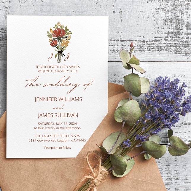 Simple Wildflower Terracotta Monogram Wedding  Invitation (Creator Uploaded)