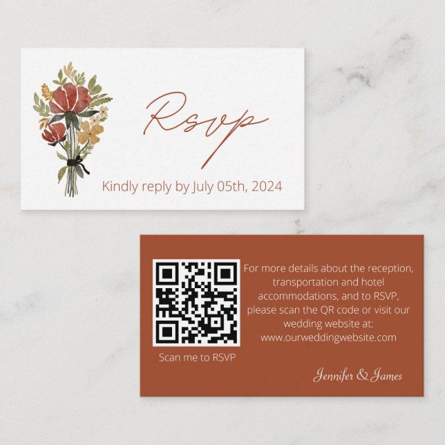 Simple Wildflower Terracotta Wedding QR Code RSVP Enclosure Card (Front/Back)