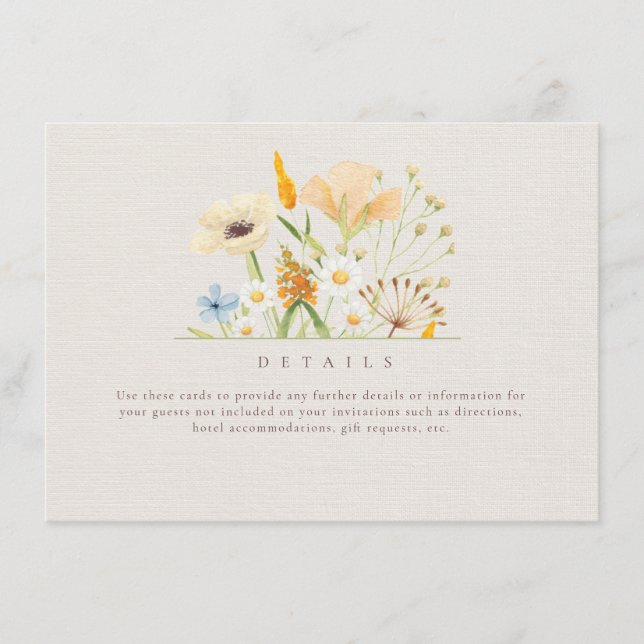 Simple Wildflowers Botanical Wedding Details Enclosure Card (Front)
